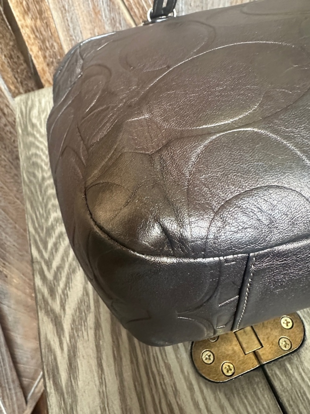 Coach F1049-F15242 Metallic Gray Gunmetal Embossed Leather Satchel Tote Bag - Picture 8 of 16